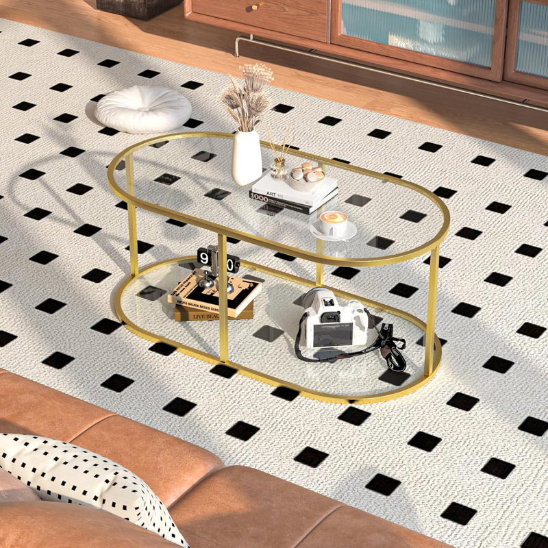 Table basse, table centrale à 2 niveaux avec structure en métal robuste, table d'appoint moderne en verre trempé pour le salon, la chambre à coucher ou le bureau à domicile