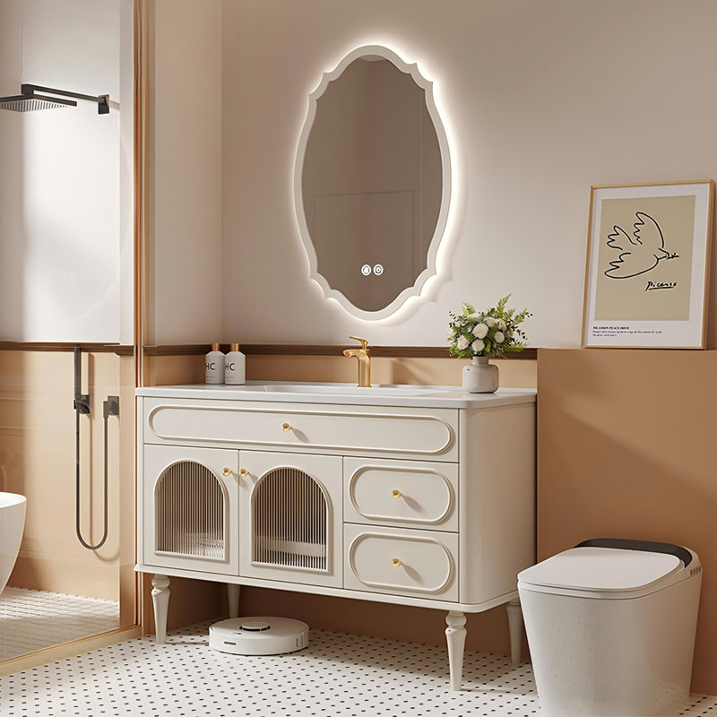 Meuble-lavabo sur pied en bois d'hévéa crème avec lavabo en céramique intégré et miroir intelligent
