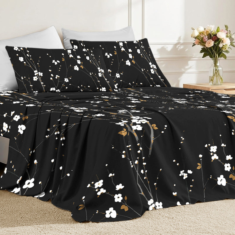 Floral Sheet Set, King Sheet Set with Fitted Sheet & 2 Pillowcases, Black