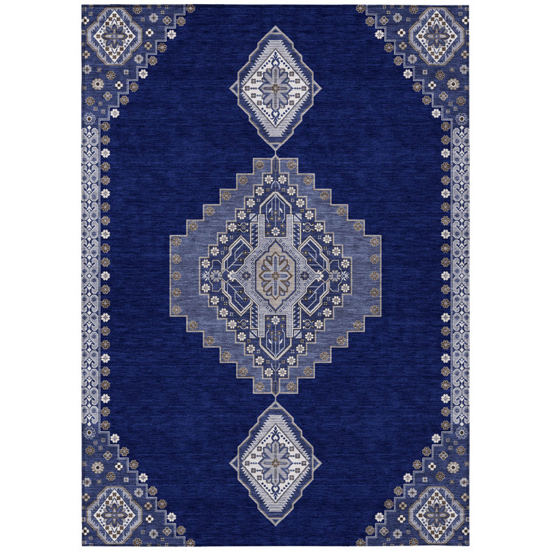 Washable Rectangular White and Navy Medallion Synthetic Rug