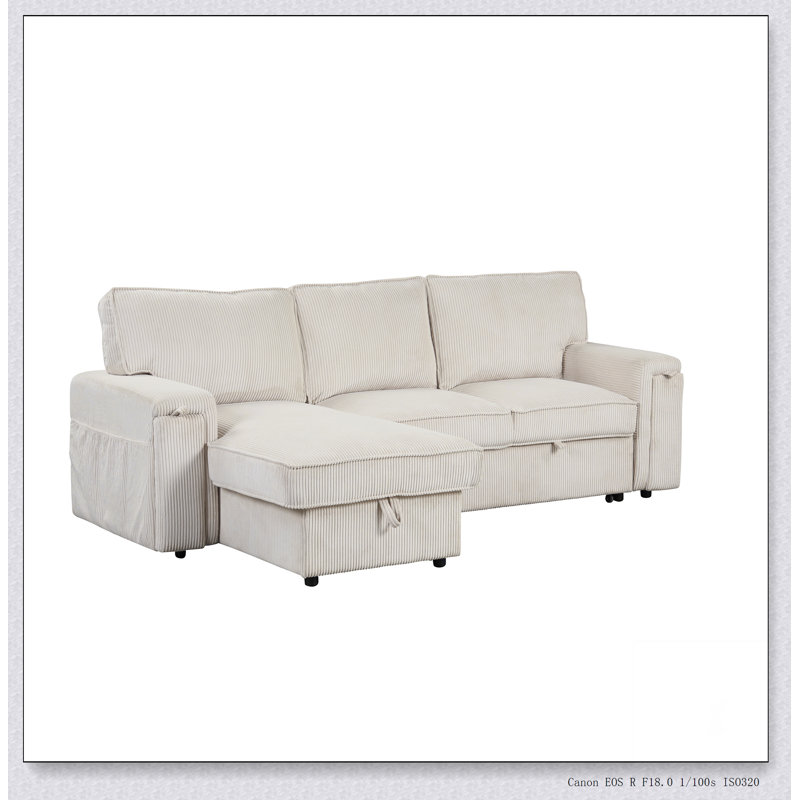 U_STYLE Upholstery Sleeper Sectional Sofa With Storage Bags And 2 Cup Holders  On Arms, Beige Polyester