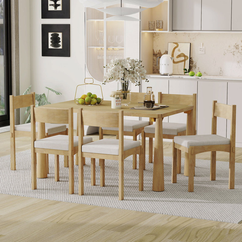 Ensemble de table à manger rétro 7 pièces pour 6 personnes, ensemble de table à manger en bois pour 6 personnes avec chaises rembourrées