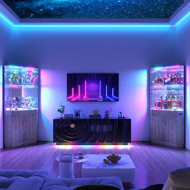 Corner Display Cabinet with Human Body Sensor RGB Lights, Wine Cabinet Liquor Stand with Glass Holder, Oak