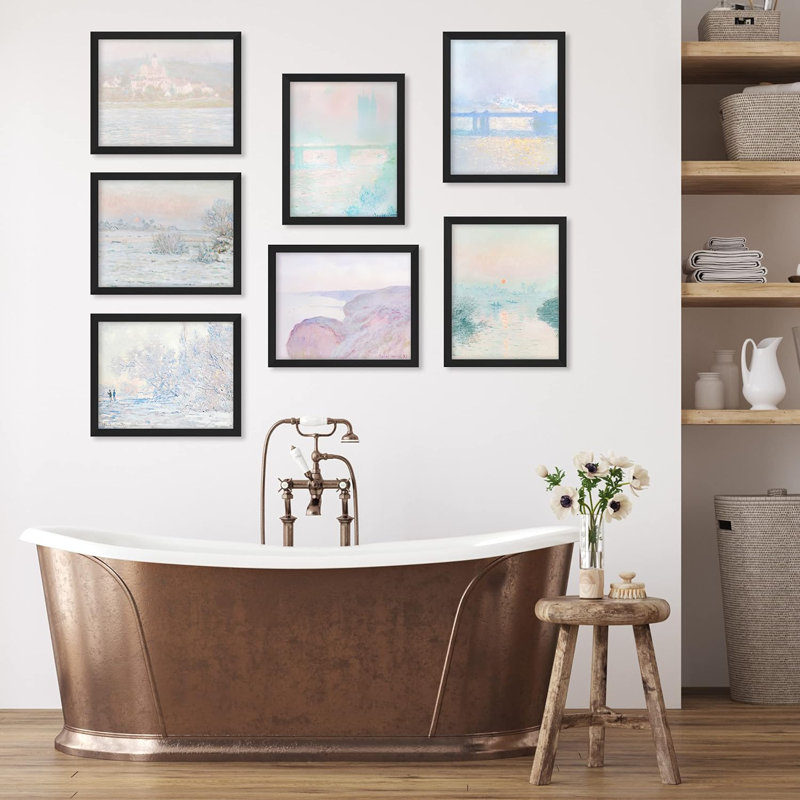 «Pastel Watercolor Landscape Abstract Geometric Minimalisme», reproduction d'art encadrée sur papier, 7 pièces, Cadre noir