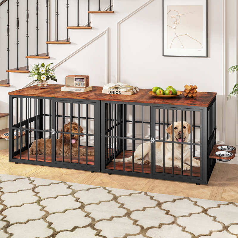  Cage pour chien 43,3 po avec bols, Brun