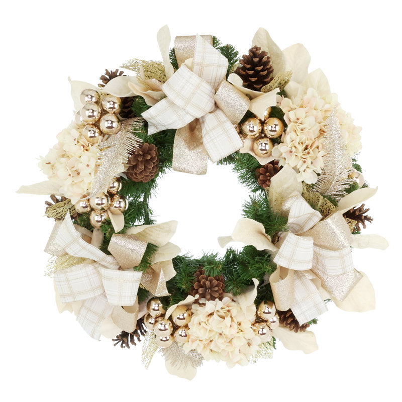 Couronne de Noël 30 po avec hortensias, ornements et boucles