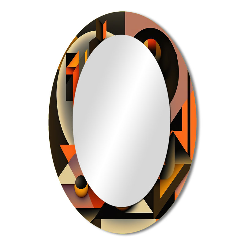 Porshae Multicolor Geometric Orange Shapes I - Geometric Large Mirror, Modern Decorative Wall Mirror, Printed Metal Art, Oval