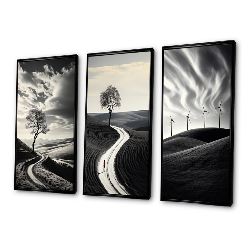 Route, noir et blanc, paysage d'imitation, ensemble de 3 impressions sur toile, Cadre flottant noir, H 40 po x l 60 po