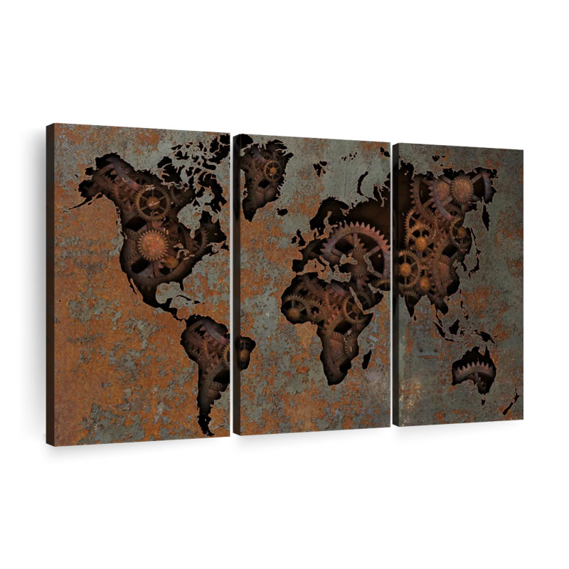 Ensemble de carte du monde sur toile Steampunk 3 pièces, H 20 po x l 33 po x P 1,25 po