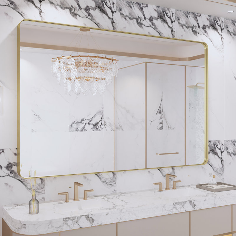 Lesamuel Filleted Corner Wall Mounted Bathroom and Vanity Mirror with Aluminum Frame, Rectangle, 36" x 55", Gold