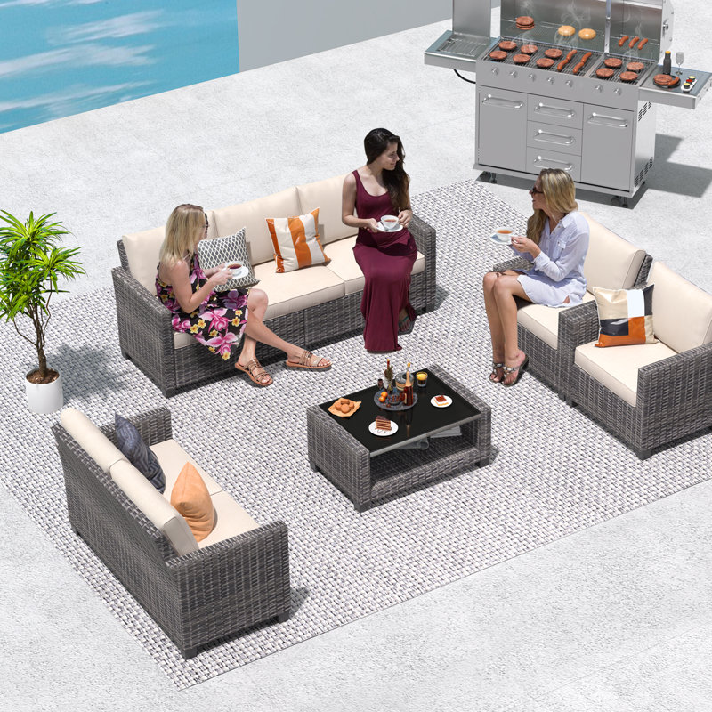 Canapé modulaire en rotin PE gris 9 places - Ensemble de patio extérieur avec table de rangement et coussins résistants à l'eau