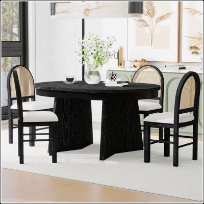 5-Piece Round Dining Table Set for 4, Retro Extendable dining table set with 4 Upholstered Chairs, Kitchen Table and Chairs Set for Dining Room and Ki