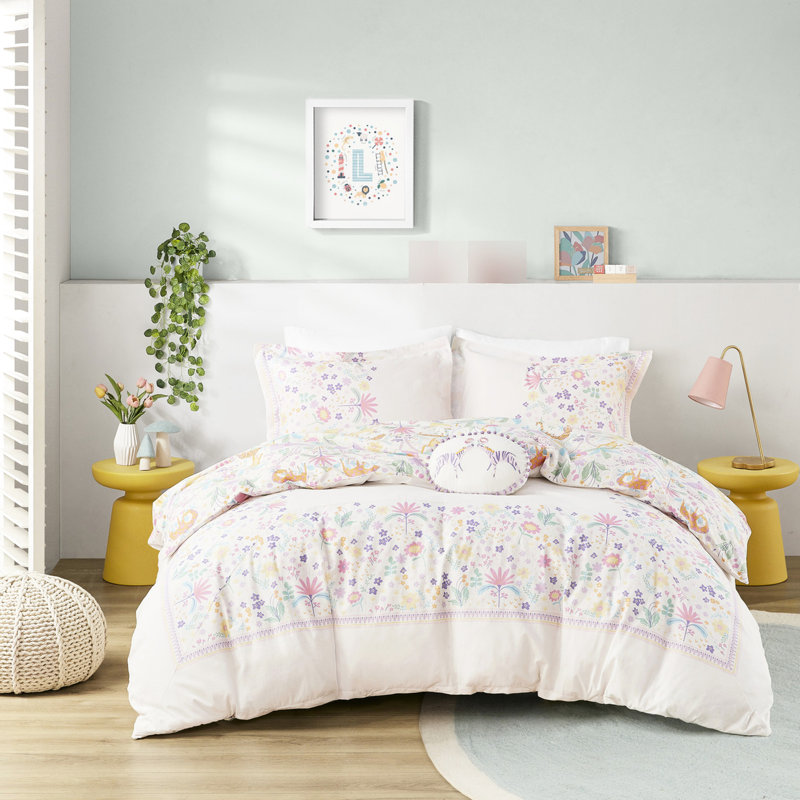 Housse de couette simple en coton avec motifs floraux multicolores et réversibles