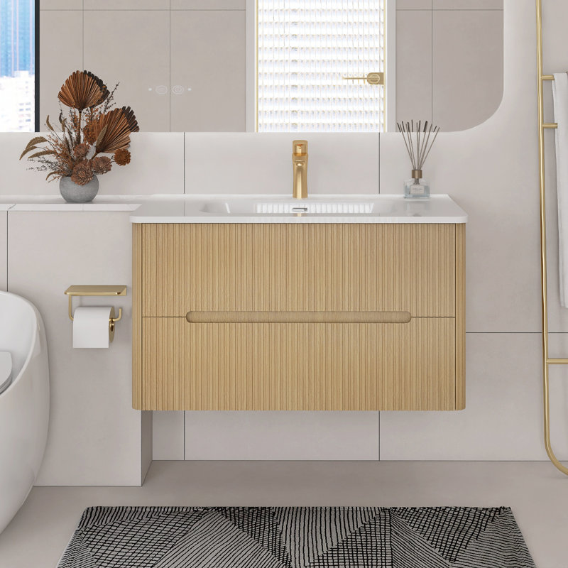 36 po X P 18 po P 20 po Meuble-lavabo mural simple H avec comptoir en céramique blanche, Chêne clair