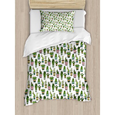 Colorful Pretty Succulent Houseplants and Cactus Pattern Doodle Flowers Pots Duvet Cover Set -  Ambesonne, nev_36172_twin