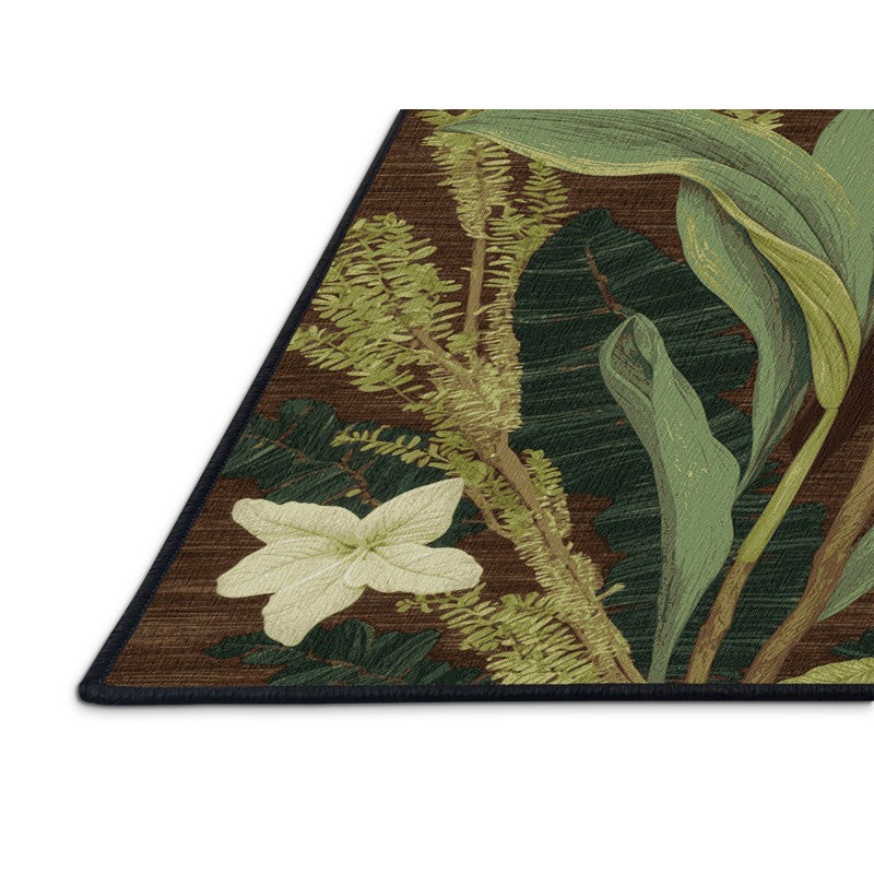 Machine Washable Botanical Brown Area Rug, Square 7'