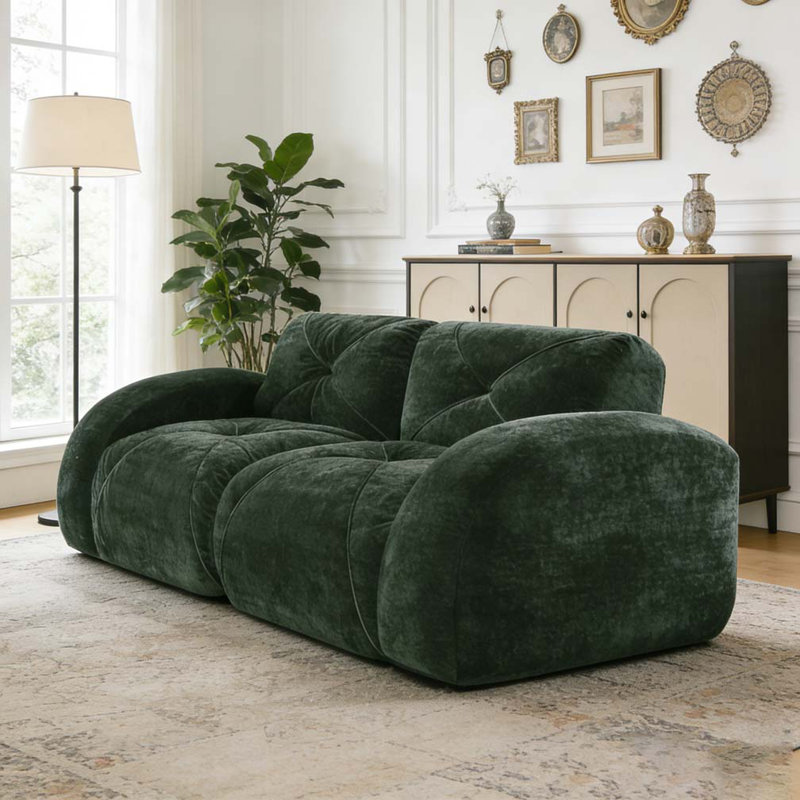 Canapés capitonnés à 2 places avec canapé sans os, tissu en velours doux, conception antidérapante inférieure, Vert