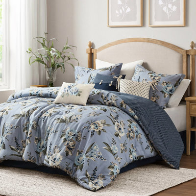 Ensemble de literie floral King vintage 7 pièces, rayures réversibles, couette douce et respirante pour un confort optimal toute l'année, avec oreillers brodés, qualité saison.