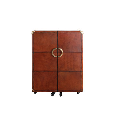 Reclaimed Wood And Leather Bar Cabinet On Caster Wheels With Flocked Interior