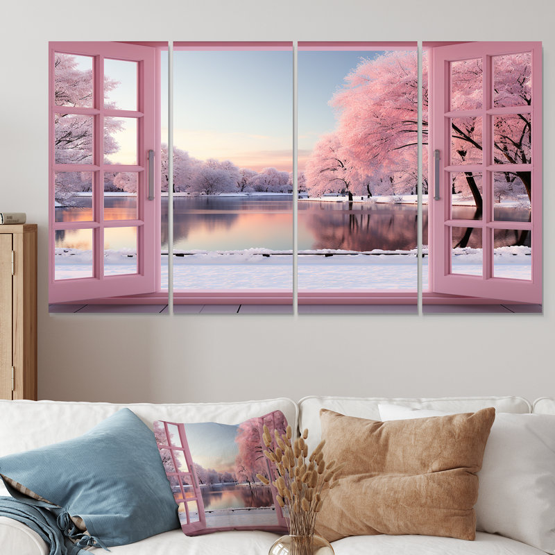 «Pink Winter Window By The Lake - Winter Landscape», art mural 4 pièces, H 28 po x l 48 po