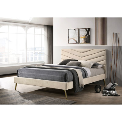 Mobilier de chambre double: lit moderne beige Mid-Century avec tête de lit et pieds inclinés dorés