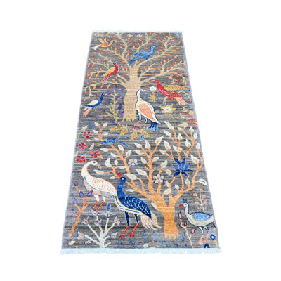 Tapis Peshawar afghan 2 pi 8 po x 5 pi 8 po avec motif oiseaux de paradis noué à la main, laine douce et brillante, teintures naturelles, tapis de couloir oriental