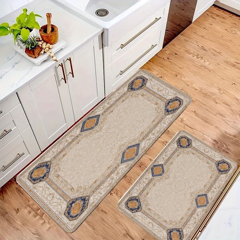 Vintage Botanical Sketch Kitchen Mats, Set of 2, White Oriental