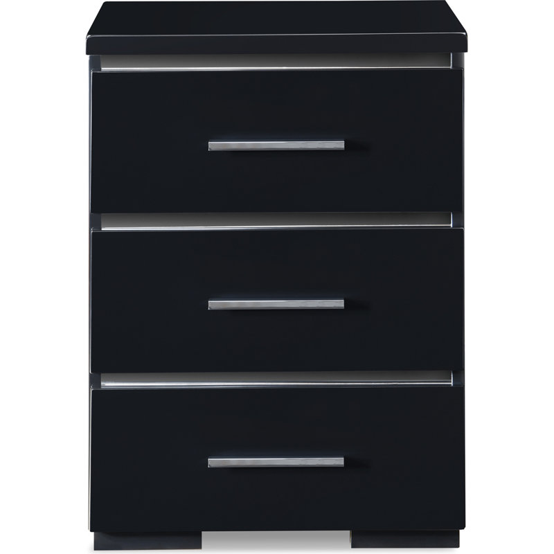 Belmont 3-Drawer Black Nightstand with Chrome Accents