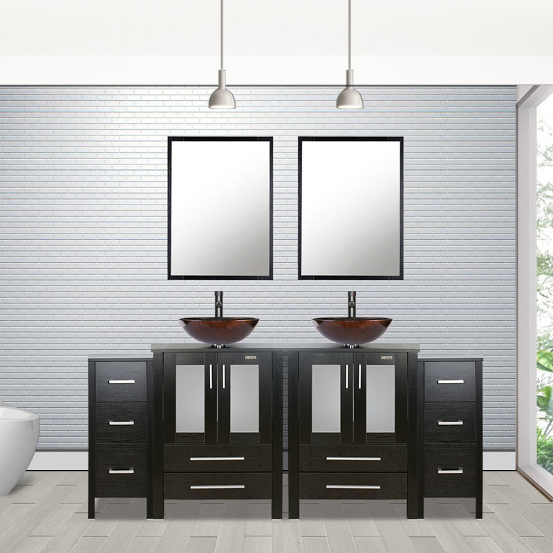 Aidin 72’’ Double Bathroom Vanity Set with Vessel Sink, Faucet, Drain, Black, Black