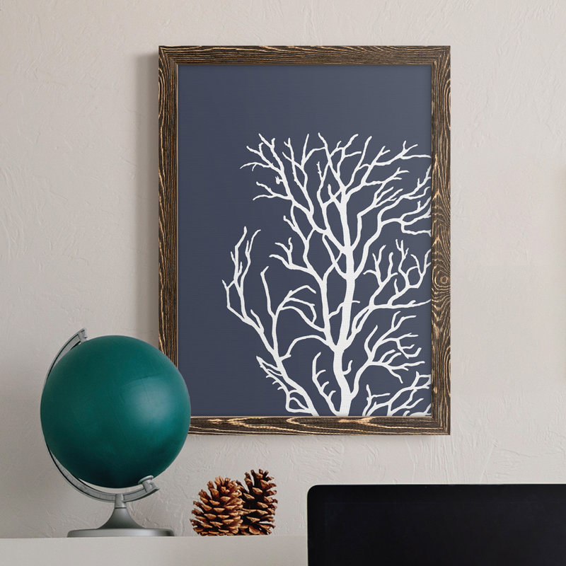 Coraux blancs sur toile indigo bleue C de qualité supérieure - prêts à être accrochés, Encadré de bois de noyer