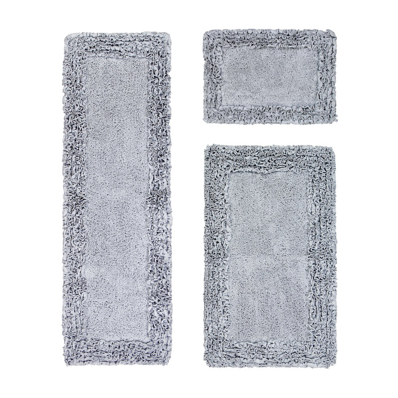 Ensemble de tapis pour salle de bain 100% coton 1775 g / m² 3 pièces Courson, certifié OEKO-TEX®, envers en latex antidérapant, motif de volants touffetés moelleux, super absorbant, tapis de salle de bain lavables à la machine, argent