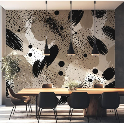 Beige Black Abstract Brushstroke Polka Dot Ink Splash Wall Mural