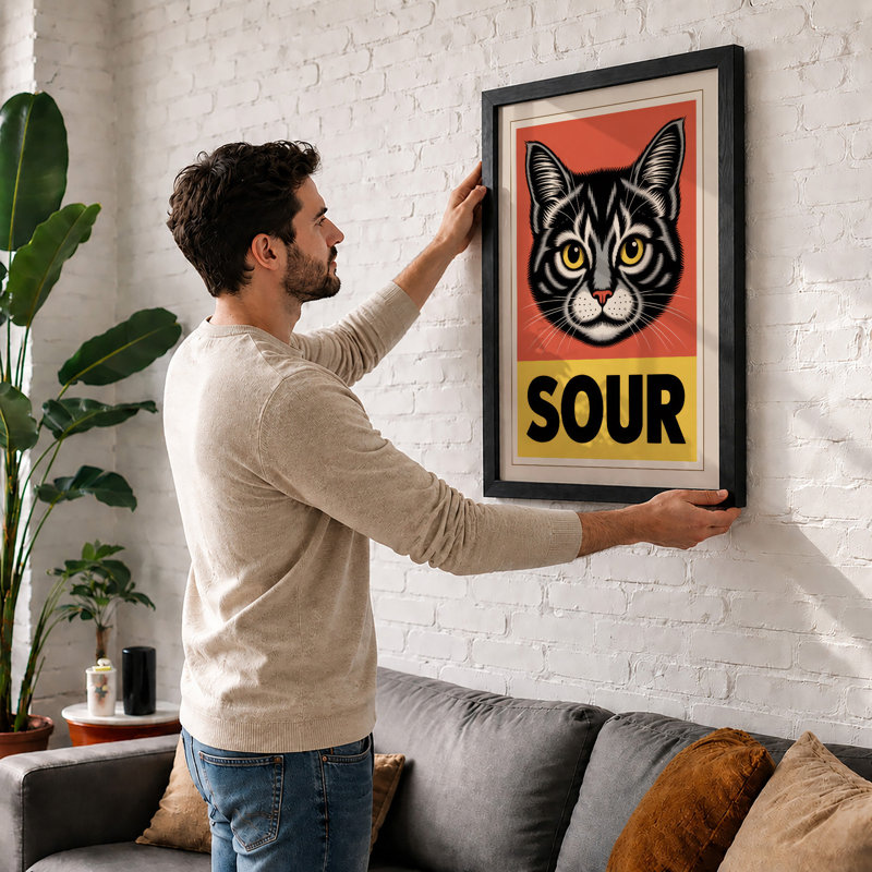 Sour Cat Retro - Framed Print, Oak, A4 - 29.7 x 21.0 cm