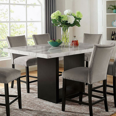 Attractive Elegant White Genuine Marble Table Top 1Pc Counter Height Dining Table Sturdy Design Solidwood Base Dining Room High Table