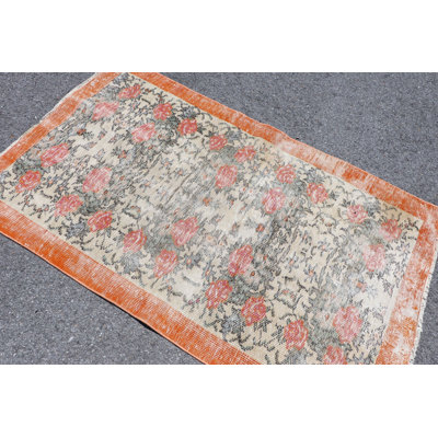 Handwoven Turkish Vintage Rug with Orange Border and Floral Pattern Perfect for Living Room Decor