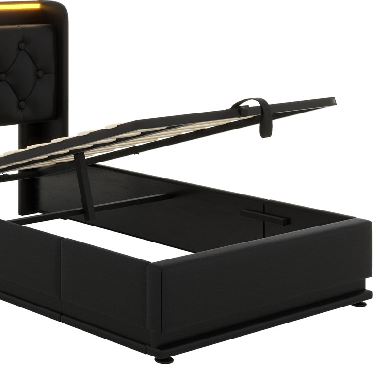 Cadre de lit simple avec rangement et tête de lit avec rangement sous le lit, cadre de lit plateforme tapissier et lit intelligent avec station de charge, lumières DEL, robuste