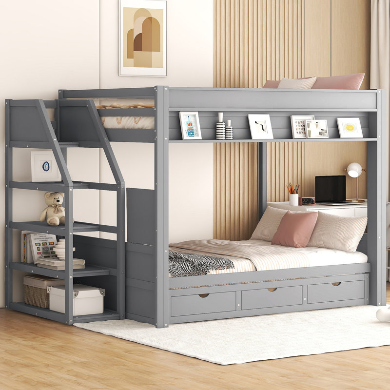 Lit superposé convertible en bois avec escalier de rangement, table de chevet et 3 tiroirs