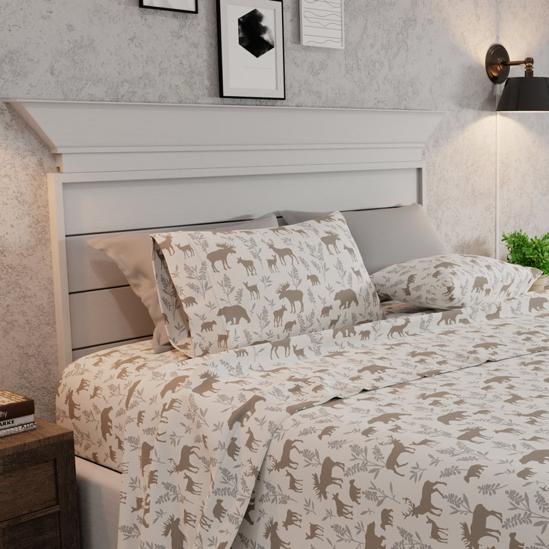 Ensemble de draps 100% flanelle de coton ultra doux, Ensemble de drap pour lit grand lit avec drap-hous, Terrain boisé