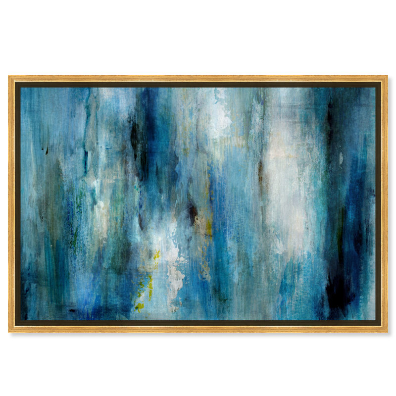 " Abstract Plenty Blue Rain, Modern & Contemporary Blue ", Gold Floater Framed, 30" H x 45" W 