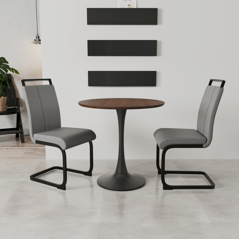 Petite table de salle à manger 31,5 pouces en noyer tulipe avec 2 chaises confortables en polyuréthane gris, sans tracas