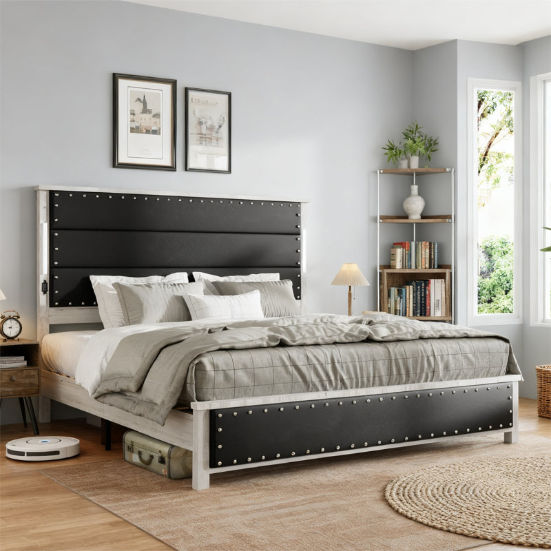 Upholstered Bed Frame With Headboard, Black, No Drawers, King