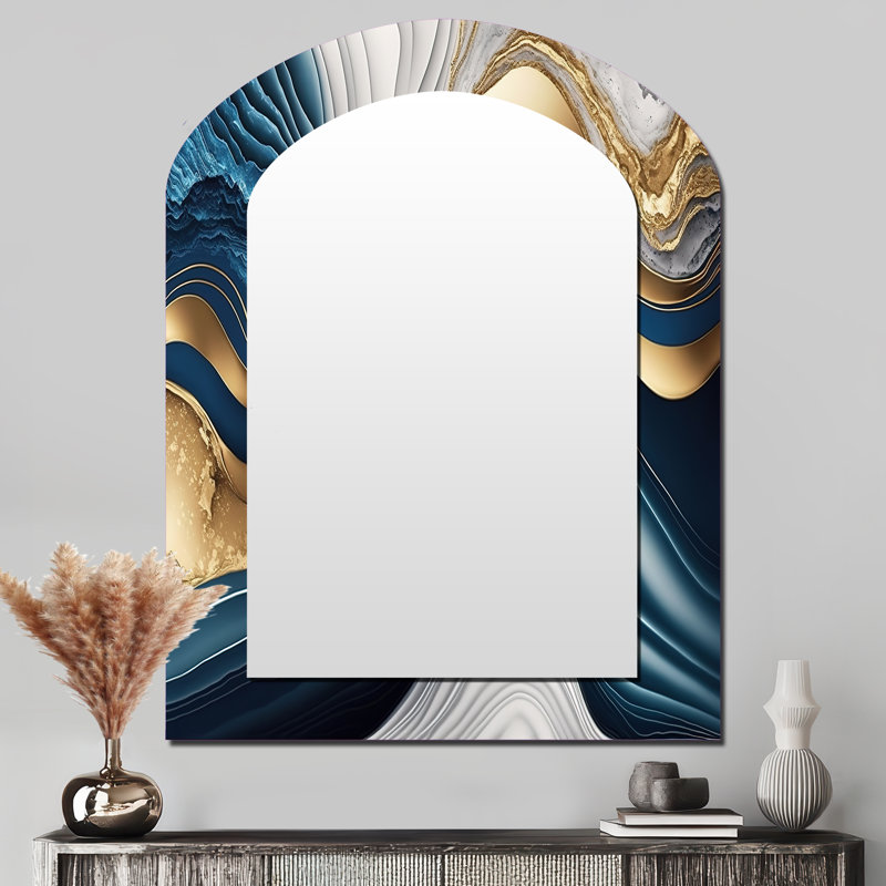 «Abstract Geode Waves Blue I», miroir décoratif arqué abstrait, grand miroir mural asymétrique moderne, impression d'art en métal