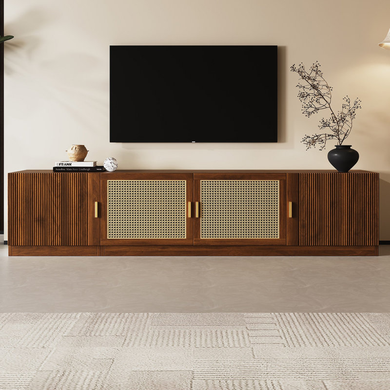 Meuble télé 78 po pour téléviseur de 85 po ou moins, console télé pour salon, console média avec portes en rotin, meuble télé à tablette réglable pour chambre à coucher