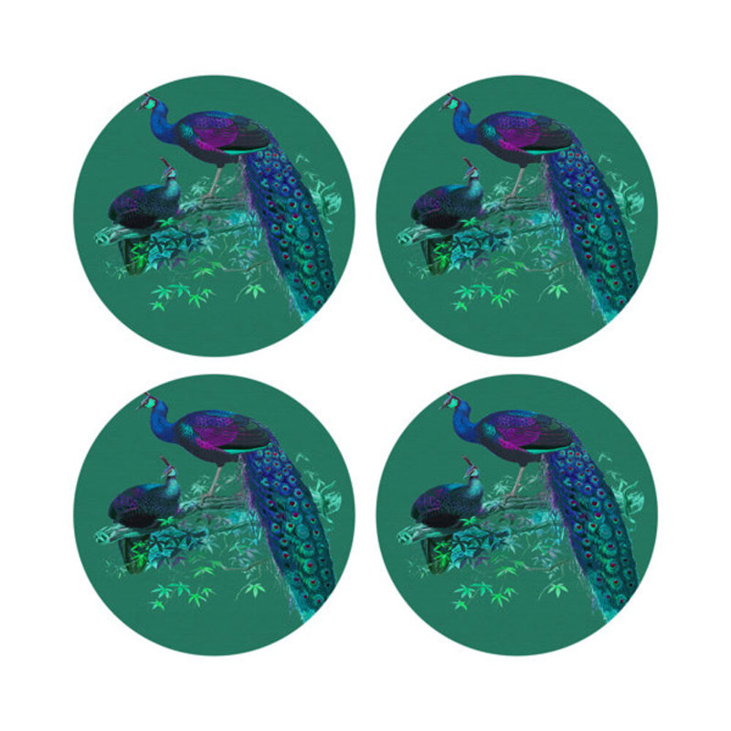 Family Pheasants Pinot Vegan Leather Round Coasters, Peacock