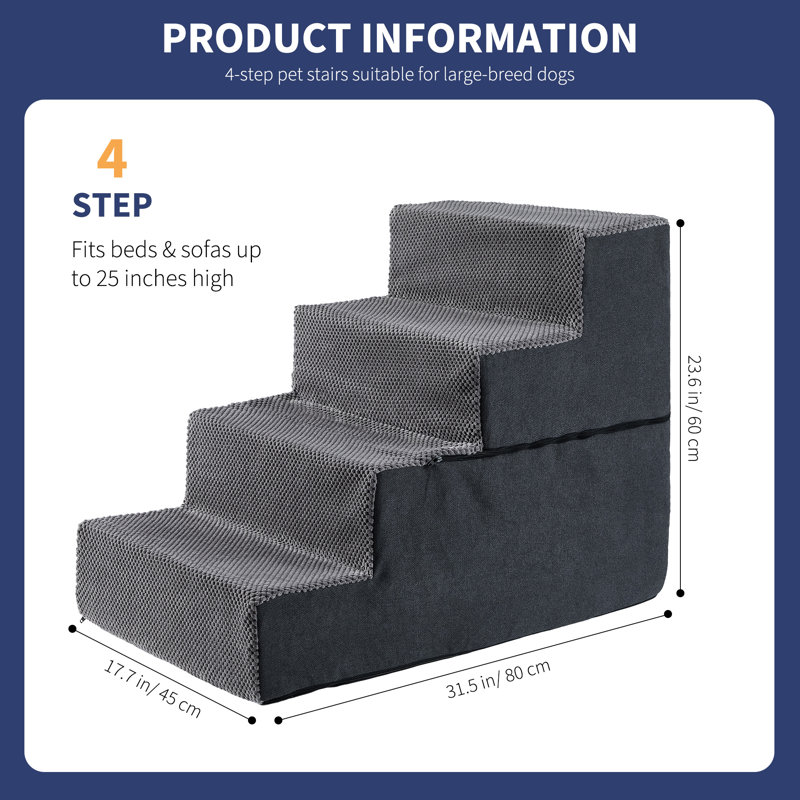 Escalier pour animaux de compagnie à 4 marches larges, idéal pour les grands chiens. Rampe en mousse de polyester souple antidérapante pour lits et canapés. Aide à la montée sécuritaire pour les chiens âgés, blessés ou de grande race. Gris.