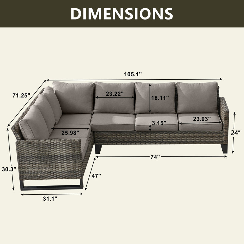Ensemble de conversation modulaire en forme de L avec ensemble de foyer d'extérieur en osier 4 pièces Naresa, Gris