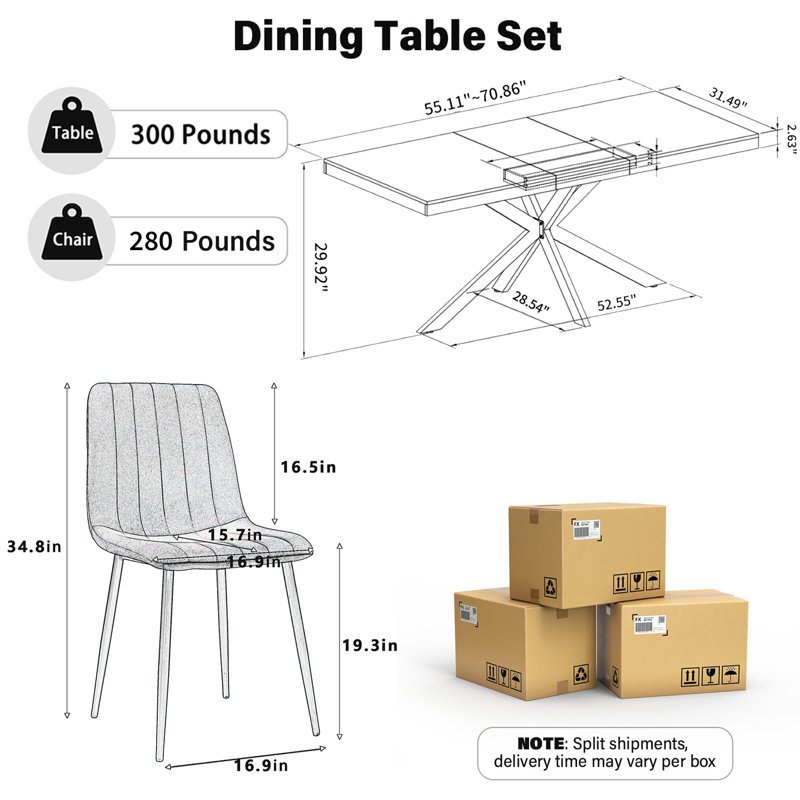 Ensemble de table de salle à manger extensible 55 à 70 po, Noir, 9