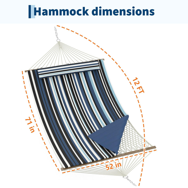 350cm/138in Rope Net Hammock Bed with Padded Cushion, Wooden Spreader Bars, Dark Grey Outdoor Hanging Hammock for Garden Patio Balcony (Stand Not Included)