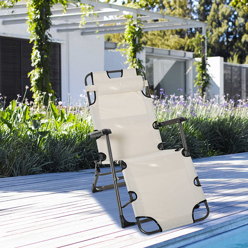 Chaise de piscine blanche pliante. Fauteuil de bronzage 21 avec coussin et poche. Pour la plage, le patio, la pelouse, la terrasse. Cadre en métal