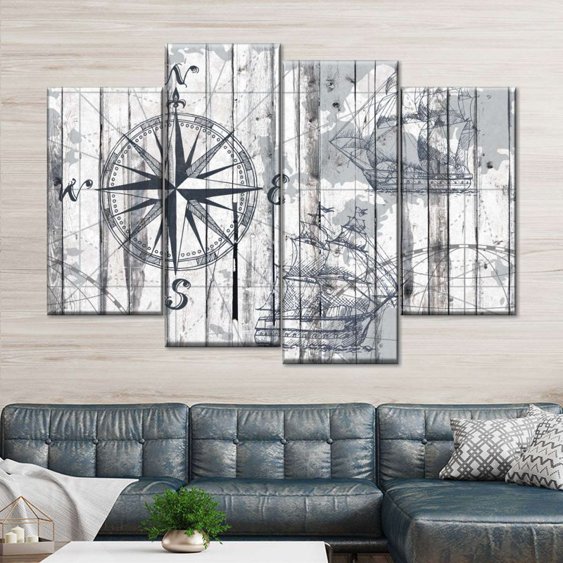 Vintage Gray and White Nautical Compass 4-Piece Canvas Wall Art